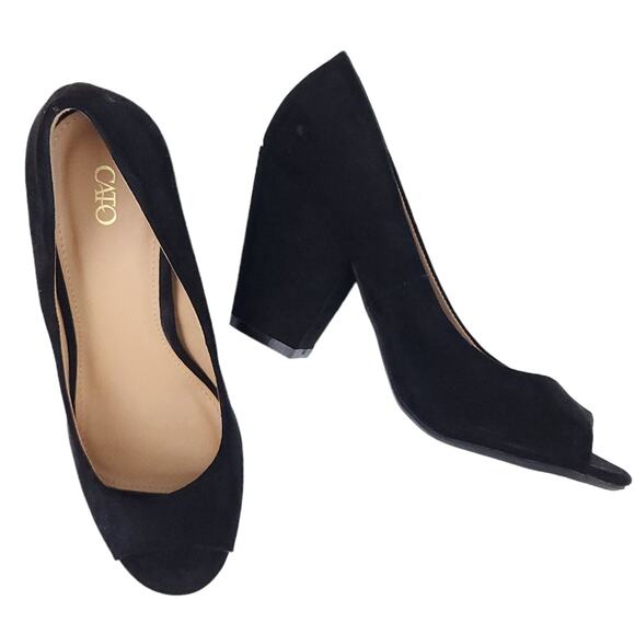 Cato Heels Black Block Heel Open Toe Faux Suede Career Shoes Size 8 Casual - Picture 1 of 5